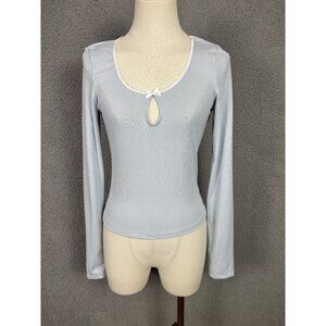 Just Polly Juniors' Women's Contrast-Trim Rib-Knit Top Size Medium Blue NWT's